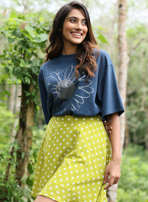 Metallic Flower Printed Navy Blue T-shirt